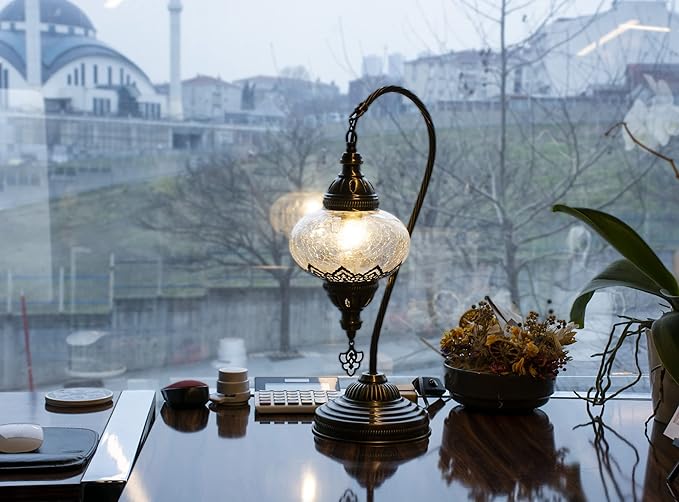 mozaist Turkish Moroccan Clear Glass Swan Neck Table Lamp, Authentic Vintage Bohemian Lamp Shade, Tiffany Style Gooseneck Office, Living Room Rustic Decor with E12 Socket & US Plug (Crack Clear)