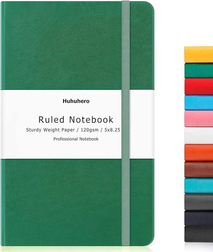 Huhuhero Notebook Journal, Lined Ruled Journal, Hardcover 120Gsm Premium Thick Paper with Faux Leather Notebook for Journaling Writing Note Taking Office School Supplies 5"×8.25" (1, Green)