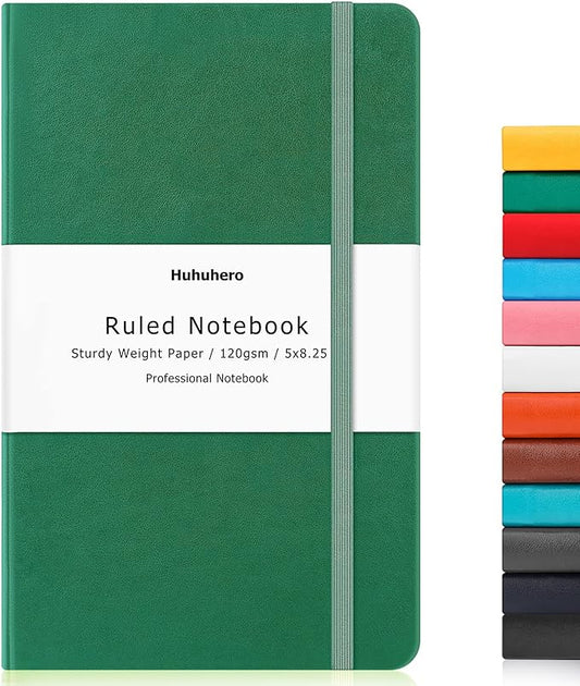 Huhuhero Notebook Journal, Lined Ruled Journal, Hardcover 120Gsm Premium Thick Paper with Faux Leather Notebook for Journaling Writing Note Taking Office School Supplies 5"×8.25" (1, Green)
