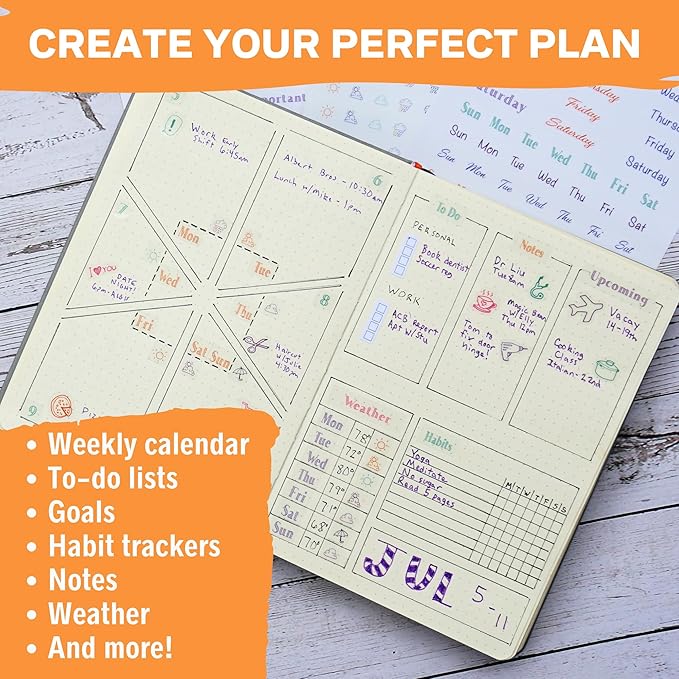 Weekly Planner Layout Journaling Supplies Kit (32 pcs) - 18 Weekly Layout A5 Planner Stencils and 14 Sheets Colorful Planner Stickers, Planner Accessories Compatible with A5 Bullet Journals