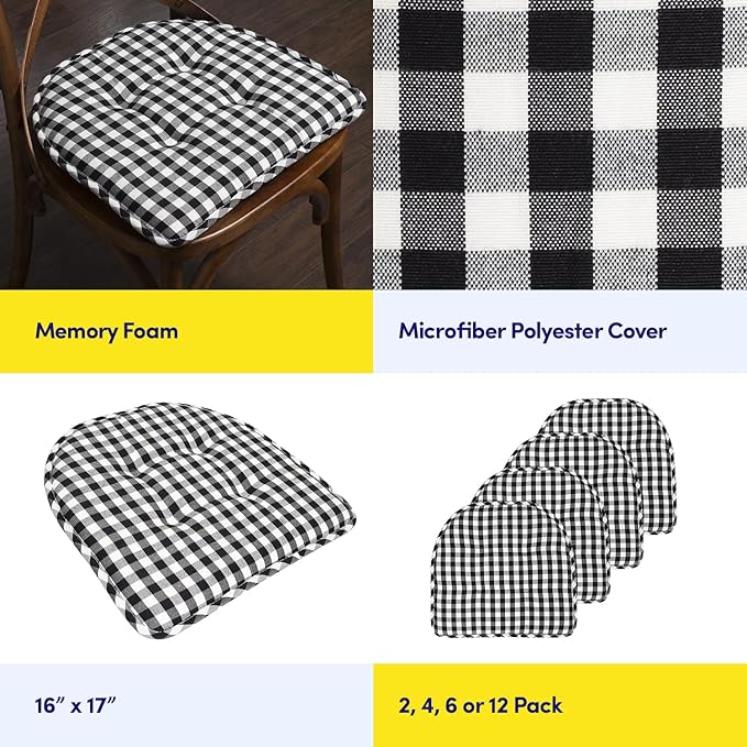 Sweet Home Collection Chair Cushion Memory Foam Pads Tufted Slip Non Skid Rubber Back U-Shaped 17" x 16" Seat Cover, 2 Count (Pack of 1), Checkered Black/White