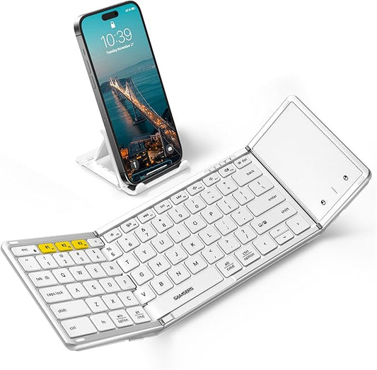 Samsers Foldable Bluetooth Keyboard with Touchpad, Full-Size Wireless Folding Keyboard with PU Leather, Portable Travel for iOS Android Windows Mac OS, Support 3 Devices (BT5.1 x 3), Silver