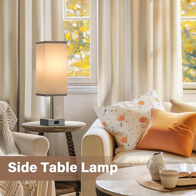 Grey Bedside Table Lamps for Bedroom Set of 2 - Small Rectangular Nightstand Lamp with AC Outlet Charging Port, 3 Color Temperatures Light, Tabletop Reading Lamp for Living Room/Dorm/Office