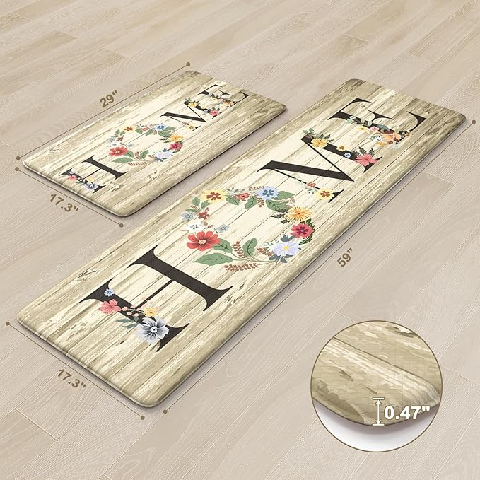 KIMODE Kitchen Floor Mats Cushioned Anti Fatigue,Farmhouse Floral Rugs Sets of 2,Memory Foam Carpet Non Slip,Long Sink Runner for Bathroom Laundry Office,Beige 17"x59"+17"x29"