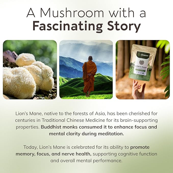 Longevity Botanicals Organic Lion’s Mane Mushroom Extract Powder 100g | Concentrated 8:1 Ratio | 100% Fruiting Bodies | Hericium Erinaceus Nootropic Supplement for Focus, Memory & Brain Support