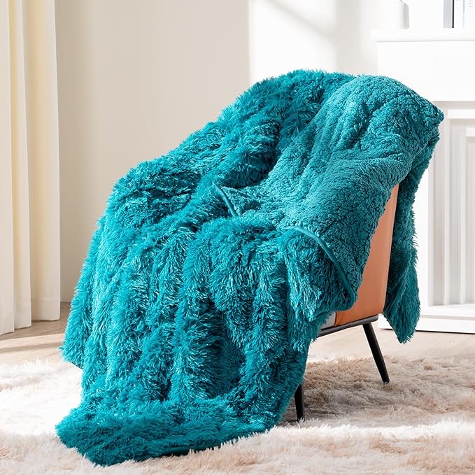 Topblan Fuzzy Sherpa Faux Fur Weighted Blanket 15lbs, Ultra Soft Reversible Plush Blanket with Luxury Long Fur and Shaggy Sherpa, Thick Heavy Blanket for Sleeping 60x80 inches Teal Green
