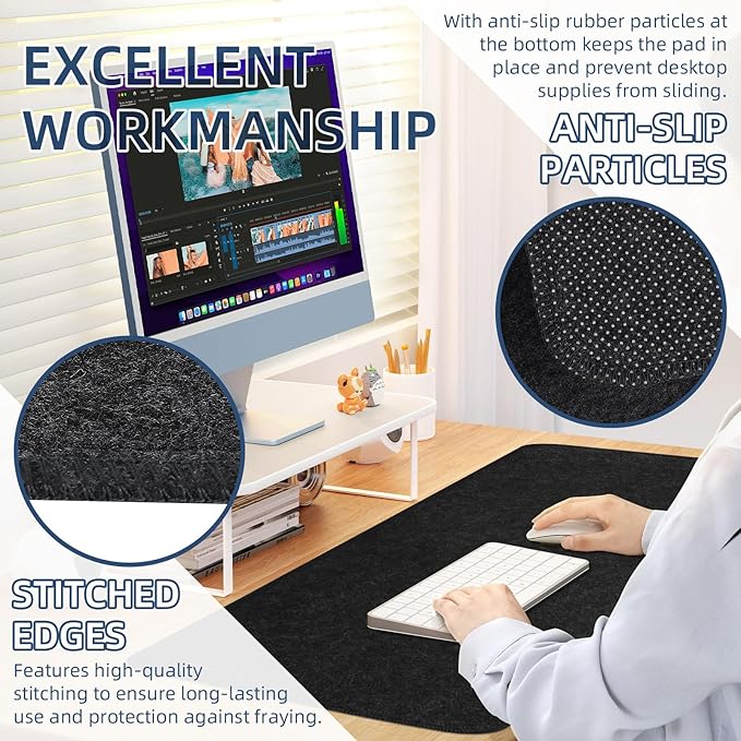 Large Felt Desk Protective Pad, 80X40cm/32''X16'' Non-Slip Felt Desk Mat Extended Gaming Mouse Pad Large Desk Pad Protector for Keyboard, Computer, Mouse, Laptop (Dark Grey)