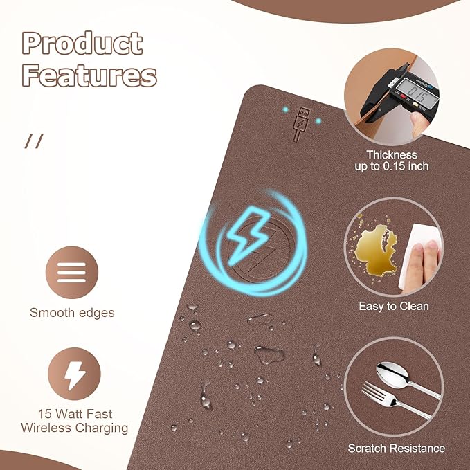 Wireless Charging Mouse Pad Firelison 2 in 1 Leather Multifunctional Office Desk Pad with Non-Slip Rubber Base, Waterproof Desk pad for Computers/Office/Work/Home/Decor（ 32" x 16"Brown - L）
