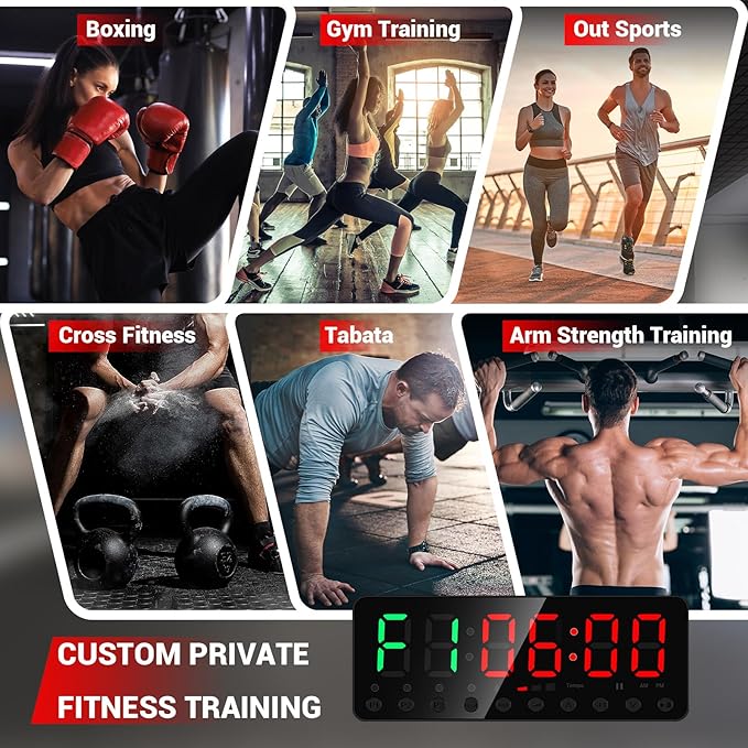 Portable Gym Timer, Fitness Timer Clock, Home Garage Gym Workout Timer, Built-in Strong Magnet and Lithium Battery and Beat Function, Large LED Digital Anti-Vertigo Display(Black+Black)