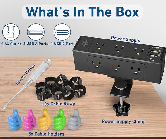 Desk Clamp Power Strip with USB C (20W PD) & USB A, 9 AC Outlets, Surge Protector, Flat Plug, 6.5ft Extension Cord – Desk Mount Power Station with Cable Management Kit for Home & Office – Black