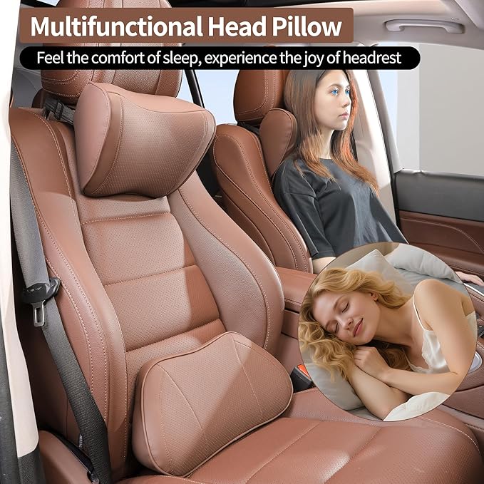 Car Headrest Pillow Memory Foam Breathable Removable Leather Cover Premium Seat Support Head Neck Cushion for Driving Traveling Home Office, Brown, 1 Pack