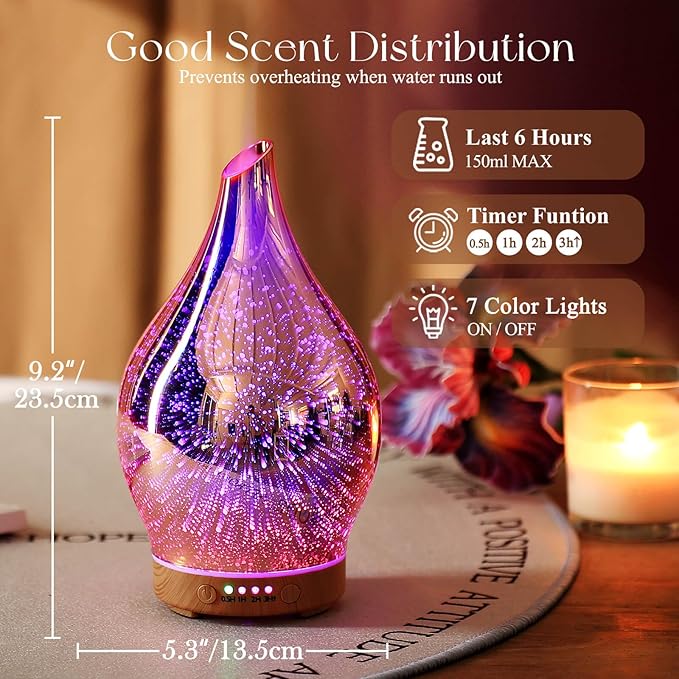 Porseme Essential Oil Diffuser 3D Firework Glass Aromatherapy Ultrasonic Humidifier Rose Gold, Auto Shut-Off, Timer Setting, BPA Free, Aroma Decoration for Home, Office, Gym, Spa, Premium Gift 150ml