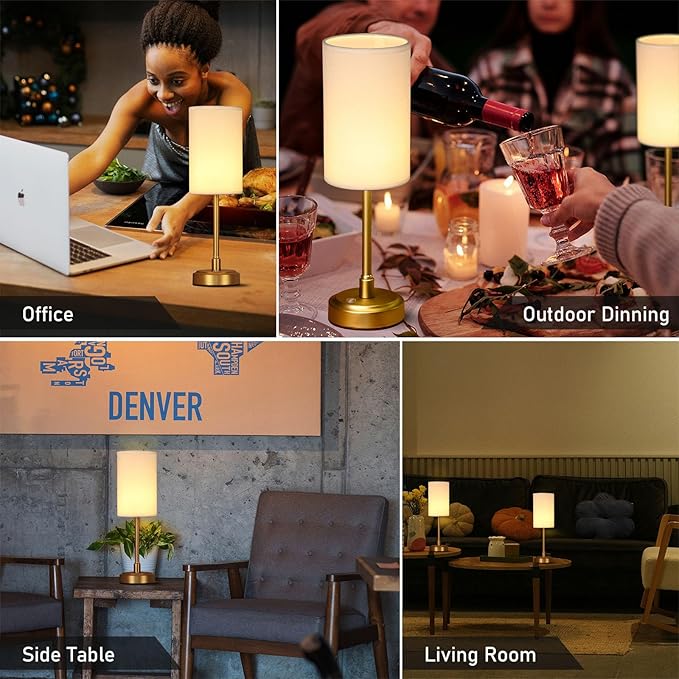 Set of 2 Small Touch Nightstand Lamp Rechargeable Battery Operated Cordless LED Table Lamp, Portable 3 Colors Stepless Dimmable Fabric Desk Light for Restaurant/Bedroom/Outdoor (White+Brass)