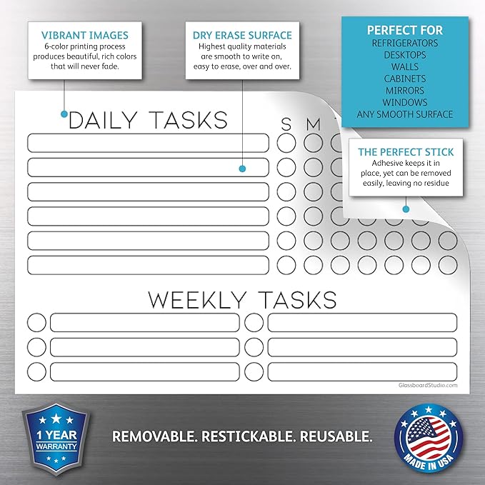 Dry Erase Whiteboard Task Planner by Glassboard Studio | Removable and Restickable Adhesive Decal | Fine-Tip Magnetic Marker Included (6 x 9 inches, White)