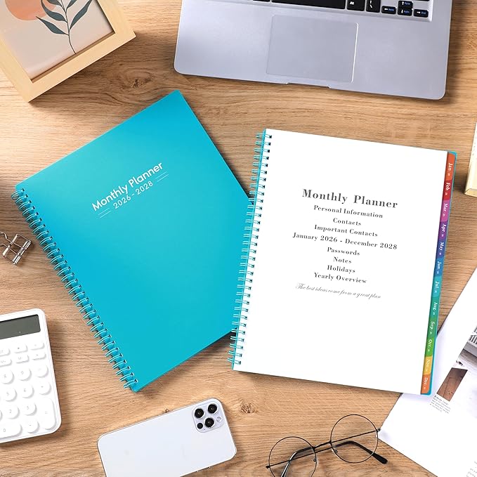 2026-2028 Monthly Planner/Calendar - 3 Year Monthly Planner 2026-2028, Jan.2026 - Dec.2028, 9" x 11", 36-Month Calendar + Colorful Tabs + Pocket - Teal