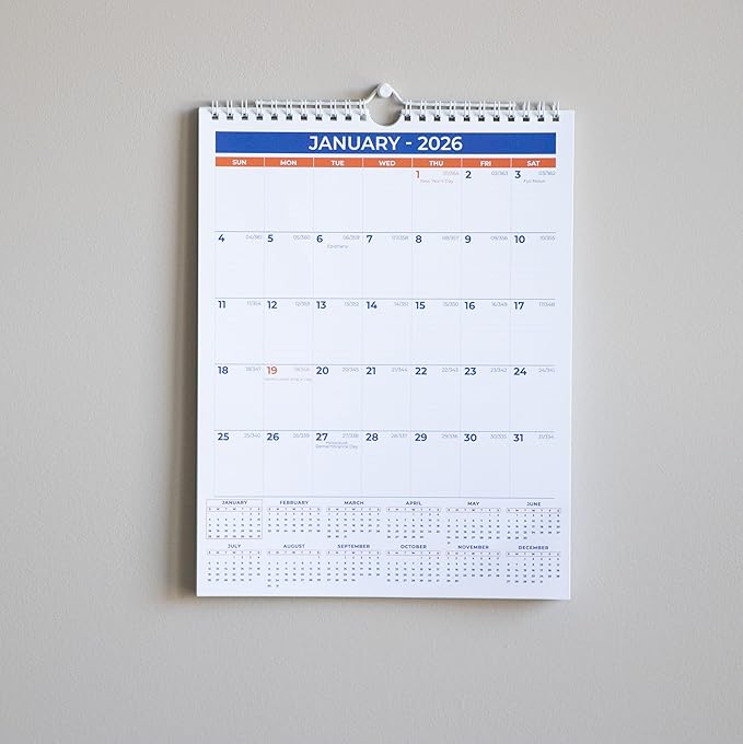 2026 Wall Calendar - January 2026 - December 2026, 12 Monthly Hanging Calendar, 2026 Planner, A4 Size 8.5" x 11", Spiral Binding, Holidays, Julian Dates, Large Blocks, Twin-Wire Binding, Hanging Hook, (3 Pack)
