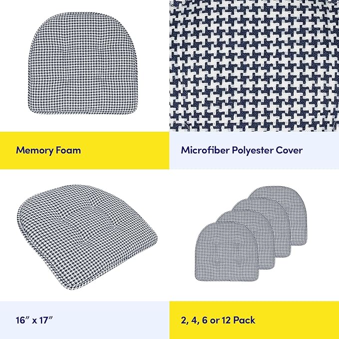 Sweet Home Collection Chair Cushion Memory Foam Pads Tufted Slip Non Skid Rubber Back U-Shaped 17" x 16" Seat Cover, 6 Pack, Houndsooth Navy