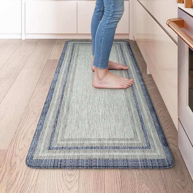 KIMODE Anti Fatigue Kitchen Mat, Cushioned Boho Oriental Kitchen Runner, Non Slip Waterproof Kitchen Mat for Floor, Comfort Foam Standing Desk Mat for Laundry, Office, Sink Blue and Grey 20"x39"