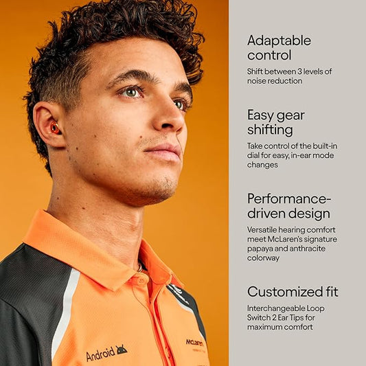 McLaren Formula 1 Team x Loop Switch 2 Adjustable Earplugs – 3 Modes for Ultimate Control | Flexible Noise Reduction for Focus, Motorsports, Travel & More | 20-26 dB (SNR) Noise Reduction