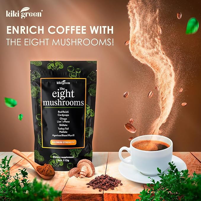 KIKI Green 8 Mushrooms Powder Extract - 4 oz Adaptogenic Complex for Coffee and Smoothies - Lion's Mane, Chaga, Reishi, Cordyceps, Maitake, Shiitake - Focus and Energy