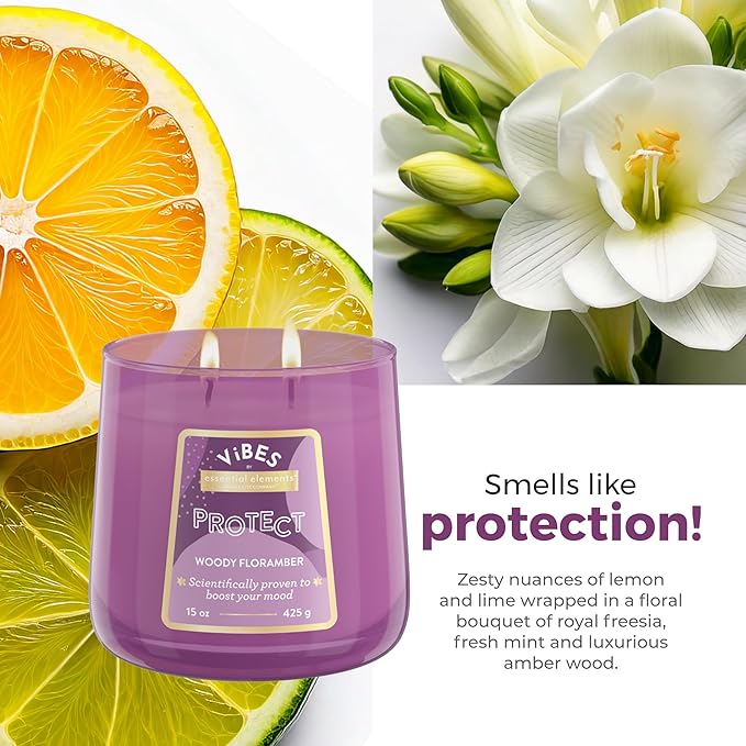 Candle-Lite Vibes Woody Floramber Mood-Enhancing Scented Candles, 15 oz Jar, Aromatherapy, Proudly Poured in The USA, 2-Wick, 86 Hours Burn Time, Perfect Relaxation Gift