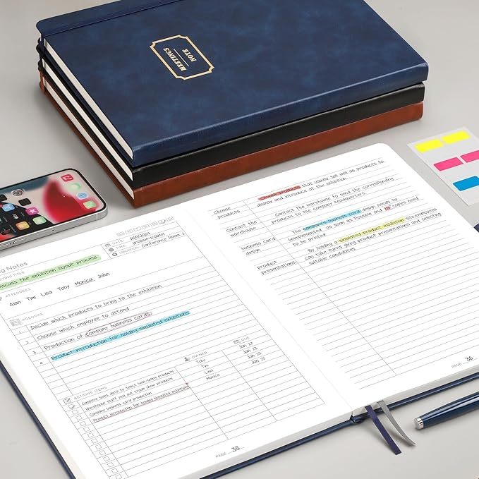 EMSHOI Meeting Notebook for Work with Action Items - 240 Pages, A4 Project Planner, PU Leather Meeting Agenda/Minutes Journal Organizer for Women Men, Note Taking, Office Business, 8.5"x11", Black