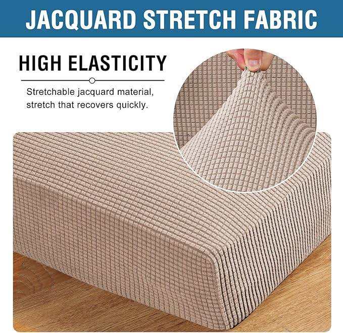 H.VERSAILTEX High Stretch Individual Seat Cushion Covers 3 Pack Thick Jacquard Textured Twill Fabric Sofa Slipcovers for 3 Couch Cushion Washable Couch Cover for Living Room Outdoor Patio,Sand