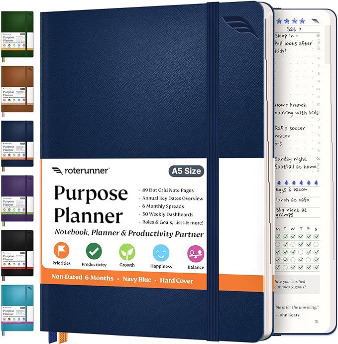 Purpose Planner Notebook A5 5.8”x8.3” Undated 2025 Daily Weekly and Monthly Productivity Goal Setting Tool for Work Home ADHD Planner for Adults Self Care Journal (Navy Softcover)