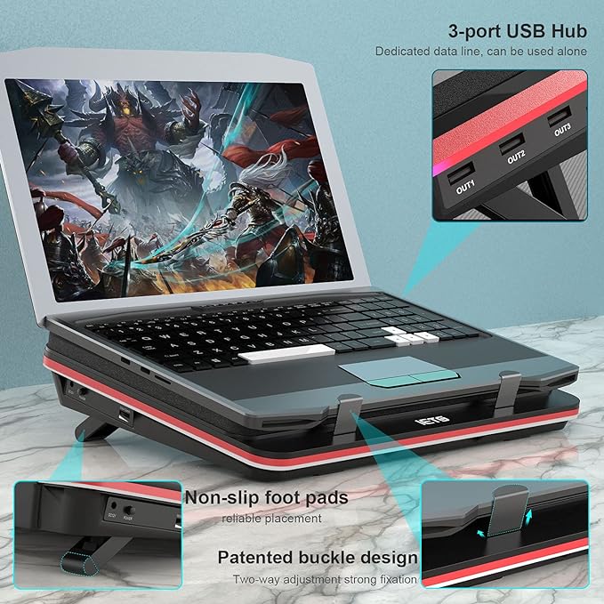 GT500 Powerful Turbo-Fan (5000 RPM) Laptop Cooling Pad with Infinitely Variable Speed,Seal Foam for Rapid Cooling Gaming Laptop,13-17.3inch Laptop Cooler with 3-Port USB Hub