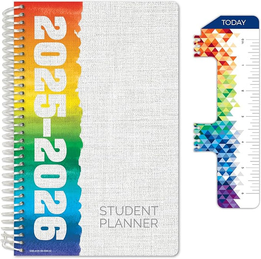 Global Datebooks Dated Middle School or High School Student Planner for Academic Year 2025-2026 Includes Ruler/Bookmark and Planning Stickers (Block Style - 5.5"x8.5" - Rainbow Linen)