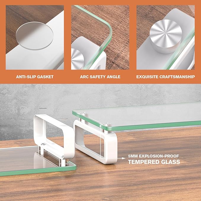 Hemudu 2 Pack Computer Monitor Stand Riser Multi Media Desktop Stand for Flat Screen LCD LED TV, Laptop/Notebook, with Tempered Glass and Metal Legs,HD02T-201