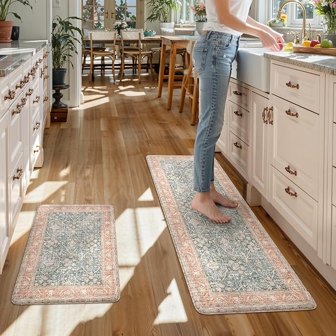 KIMODE Anti Fatigue Kitchen Mat,Farmhouse Kitchen Rugs Sets of 2,Non Slip Waterproof Vintage Kitchen Floor Mats,Cushioned Comfort Standing Mat for Sink,Desk,Laundry,Office,Orange/Blue