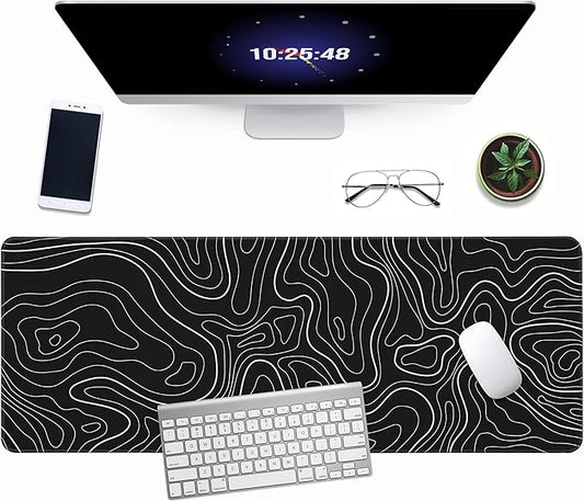 Minimalist Topographic Map Mouse Pad - Contour Extended Large Stitch Edge Mousepad. Black & White Non-Slip Gaming Desk Mat 31.5x11.8inch