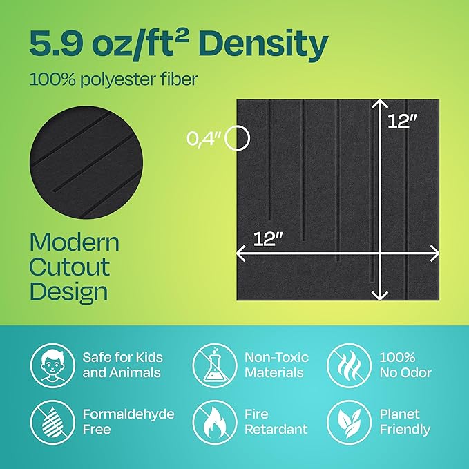 Acoustic Panels 12-Pack Soundproof Wall Panels 12"x12"x0.4" Decorative Sound Dampening for your Home, Office, Studio, Bedroom & More with Unique LineWave Carving [Dark Gray]