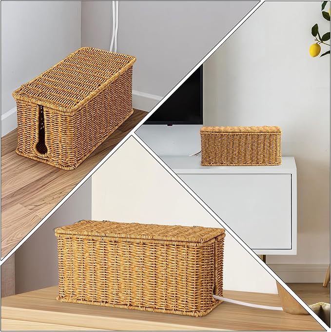 Large Cable Management Box, Handwoven Imitation Rattan Cord Organizer Cord Hider Box, Desk Cord Management Box to Hide Cords and Power Strips, 13.5" L x 6.2" W x 6" H, Natural
