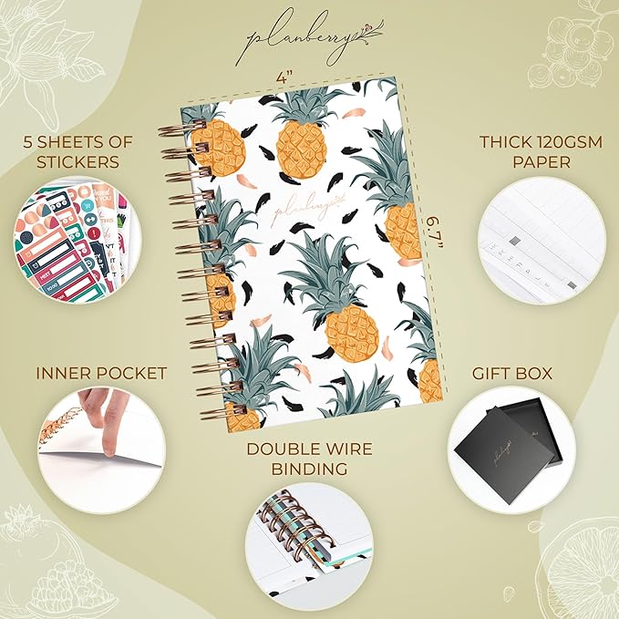 PLANBERRY Pocket Food Journal Premium – Nutrition Planner – Diet & Calorie Tracker – Meal & Exercise Diary – Weight Loss Journal (Pineapple)