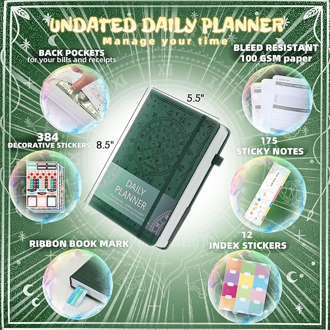 2025 Undated Academic Planner Hardcover (5.5x8.5") - Flexible Weekly & Monthly Organizer with Stickers, Productivity Journal for Students & Professionals(Dark Green)
