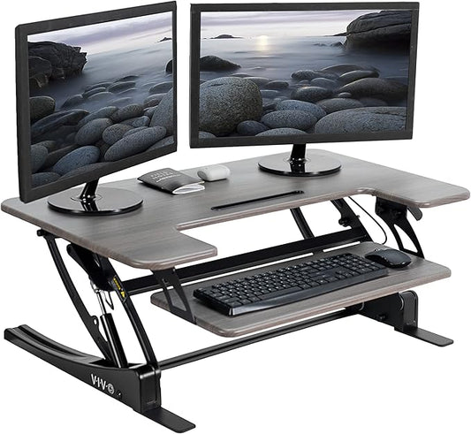 VIVO 36 inch Height Adjustable Stand Up Desk Converter, V Series, Quick Sit to Stand Tabletop Dual Monitor Riser Workstation, Gray Top, Black Frame, DESK-V000VG