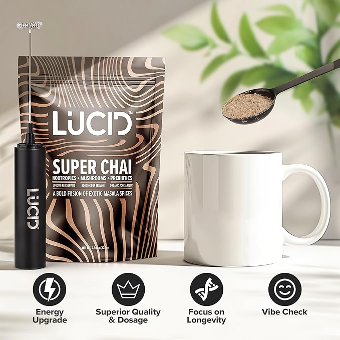 Lucid Superfood Organic Mushroom Chai with Nootropics - Lion's Mane, Tremella, Cordyceps & Turkey Tail - Instant Mushroom Chai Focus Brain Health - Alpha GPC, L-Theanine, Ginko Biloba - USA Made