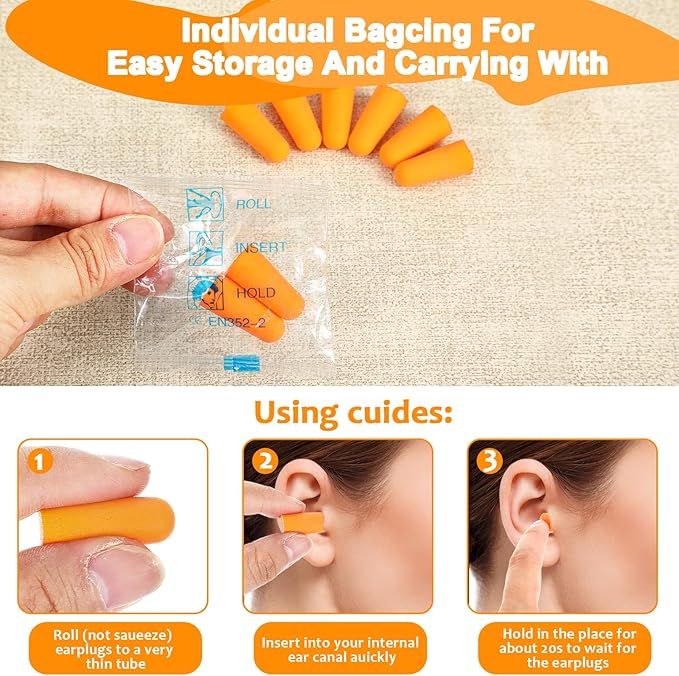 200 Pairs Earplugs for Noise Cancelling Individual Bagged Foam EarPlugs for Sleeping Work Snoring Sound Blocking Construction Loud Noise Reducing Earplugs Orange Color