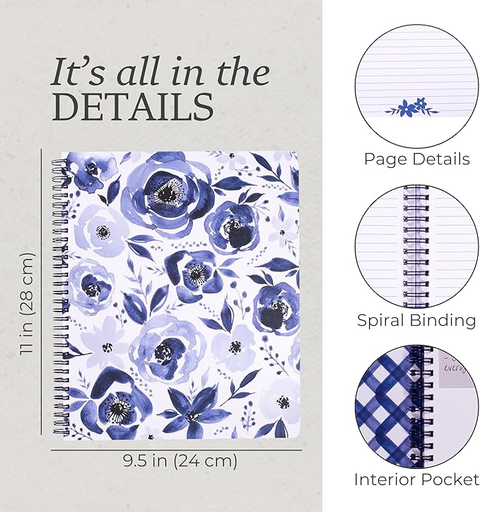 Steel Mill & Co Cute Large Spiral Notebook College Ruled, 11" x 9.5" with Durable Hardcover and 160 Lined Pages, Watercolor Floral (White)
