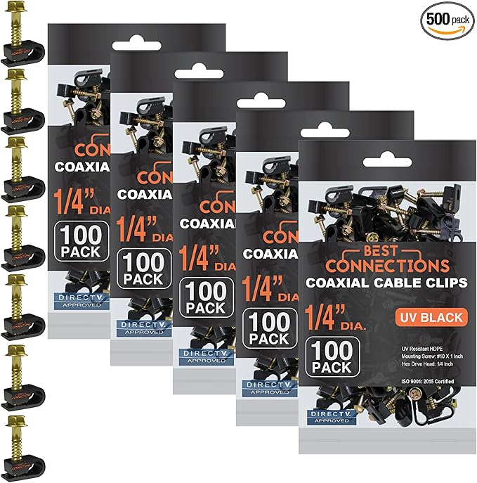 Coaxial Cable Clips with Pre-Inserted Screw 1/4" inch (500 Pack) – Black Single Mounting Clamps for Coax (RG6, RG59) and Ethernet Cables – Cord Fasteners/Strain Relief Clip