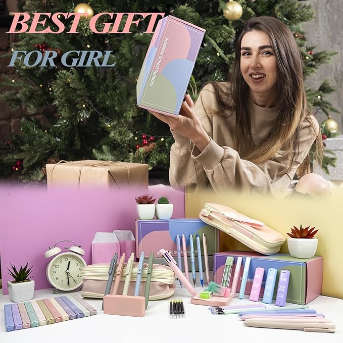 54Pcs Aesthetic School Supplies Set with Large Pastel Pencil Case 12 Dual Tip Highlighters, 6 Gel Pens, 5 Black Pens, 5 Mechanical Pencils (0.5-2.0mm) - Nursing School & College Essentials Gifts