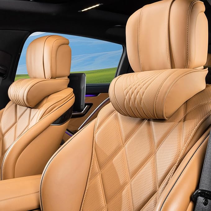 Car Headrest Memory Foam Neck Pillow for Driving with Leather Cover Soft Comfortable Seat Head Pillow Cushion for Most Cars SUV Sedan Home Office Palomino Brown (2PC)