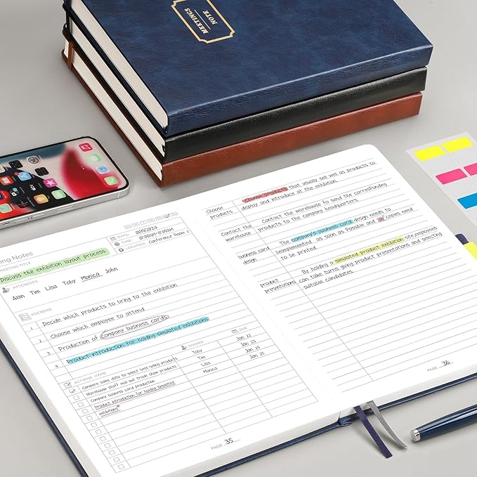 EMSHOI Meeting Notebook for Work with Action Items - 320 Pages B5 Thick Project Planner Agenda Organizer Work Notebook for Women Men Office Business Notes, PU Leather Hardcover, 7.5" x 10", Black