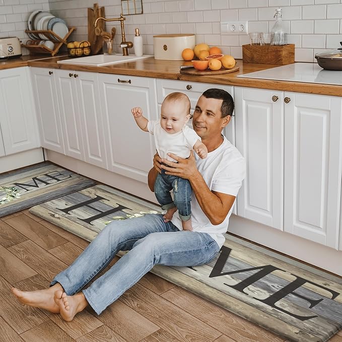 KIMODE Anti Fatigue Kitchen Mats, Farmhouse Kitchen Rugs Sets of 2, Non Slip Kitchen Mats for Floor, Cushioned Kitchen Floor Mats for Sink, Laundry, Office, Desk Grey 17"x59"+17"x29"