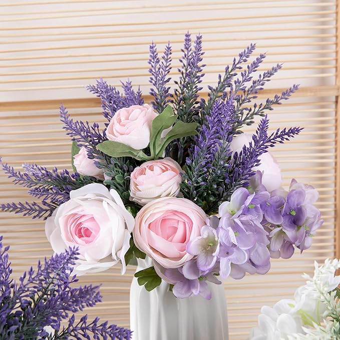 Faux Flowers in Vase for Table Decor, Fake Roses Lavender Plant Artificial Flowers in Vase, Silk Flower Bouquet Floral Arrangements for Home Decor Indoor Office Kitchen Coffee Table Centerpiece, Pink
