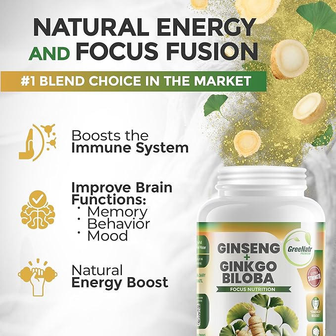 Ginko Biloba & Panax Ginseng Supplement - Red Ginseng Brain Supplement for Memory and Focus - Ginkgo Biloba Supplements for Good Vision, Immune System and Improved Blood Flow - 60 Tablets