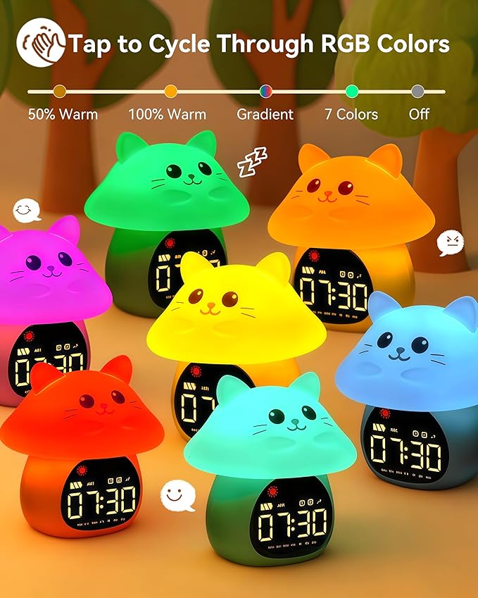 Yiliaw Sleep Training Alarm Clock with Night Light for Kids - Ok to Wake Clock with Dual Alarms, Night Light & RGB Colors, 6 Alarm Tones & White Noise, Rechargeable Clock for Boys & Girls, Cat