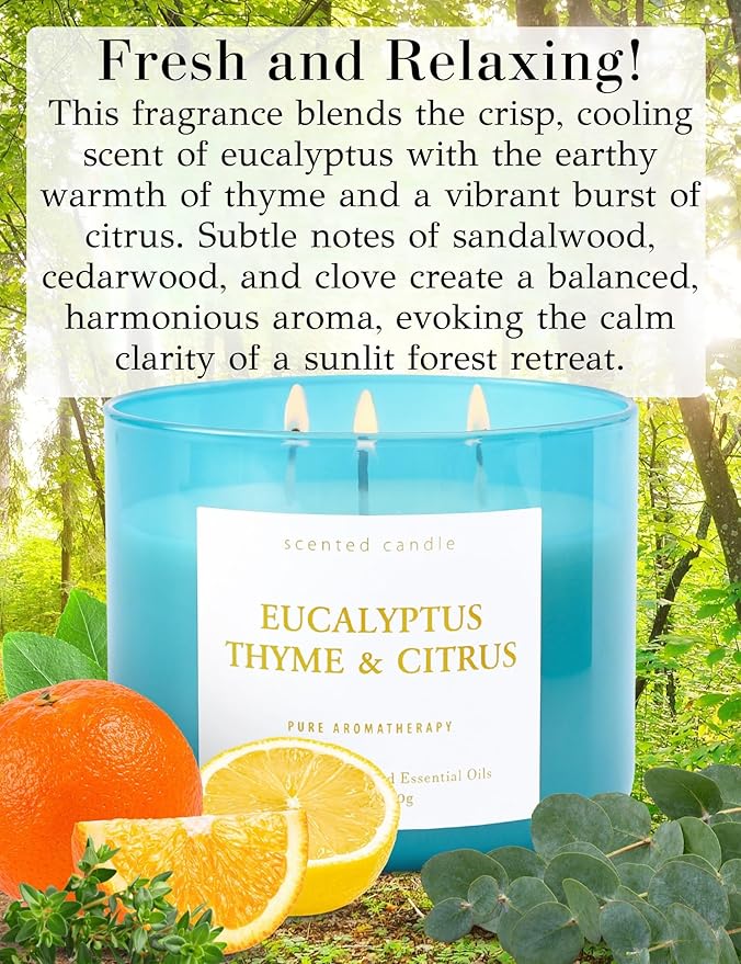 Eucalyptus Thyme Citrus Scented Candle - Large 3 Wick Soy Candle 15.8 oz - Aromatherapy Candle for Relaxation & Stress Relief - Calming Herbal Spa Scent - Long Lasting Candles for Women & Men